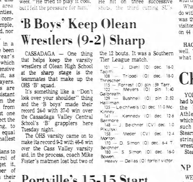 'B Boys' Keep Olean Wrestlers (9-2) Sharp