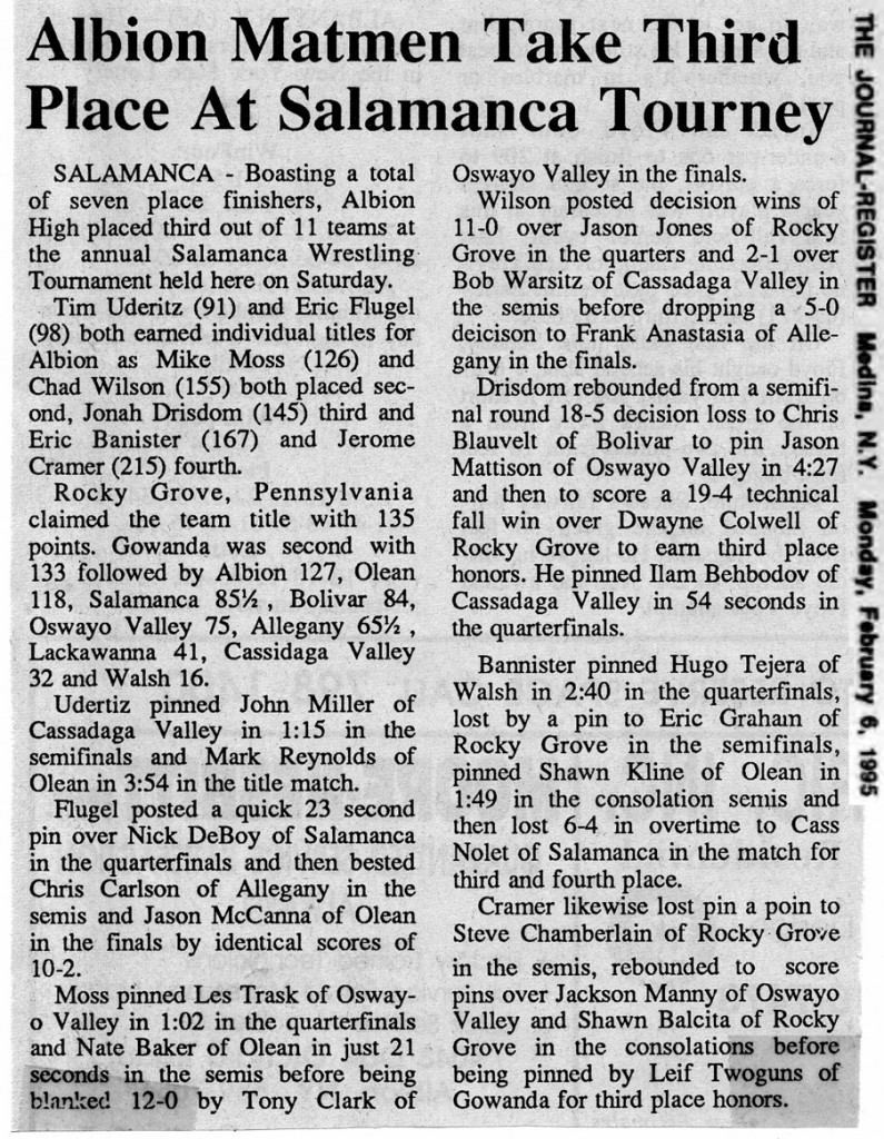 Albion Matmen Take Third Place at Salamanca Tourney