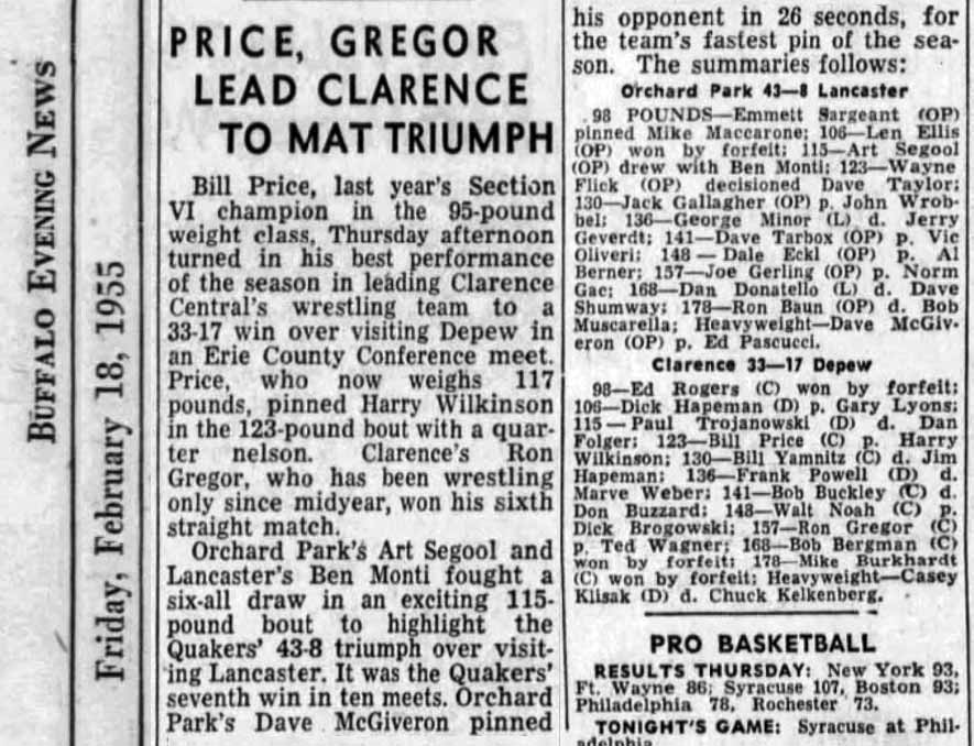 Price, Gregor Lead Clarence to Mat Triumph
